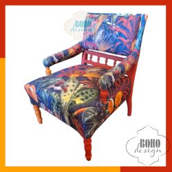   Trópusi mintás bohém fotel, Piros-narancs - szakszerűen felújított antik 