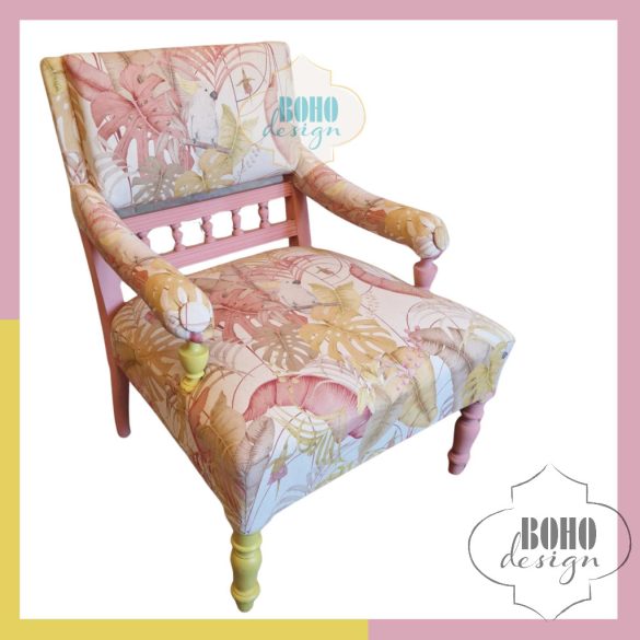 Trópusi-papagájos bohém fotel, Rózsaszín-sárga - szakszerűen felújított antik 