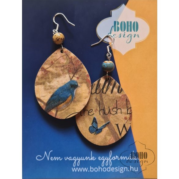 Kék madár - BOHOdesign aszimmetrikus fülbevaló - idézetes csomagolásban